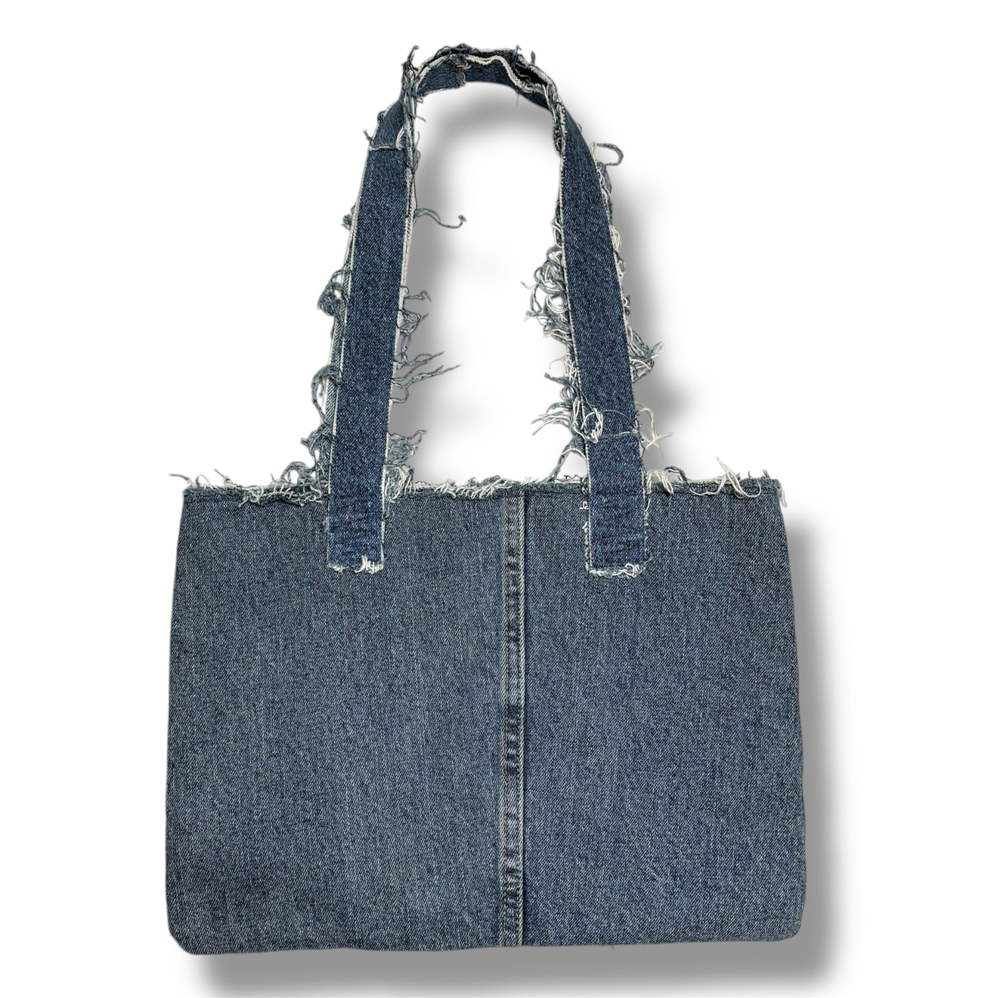Back of the Denim Yellow Handbag made from solid denim with frayed strap detailing