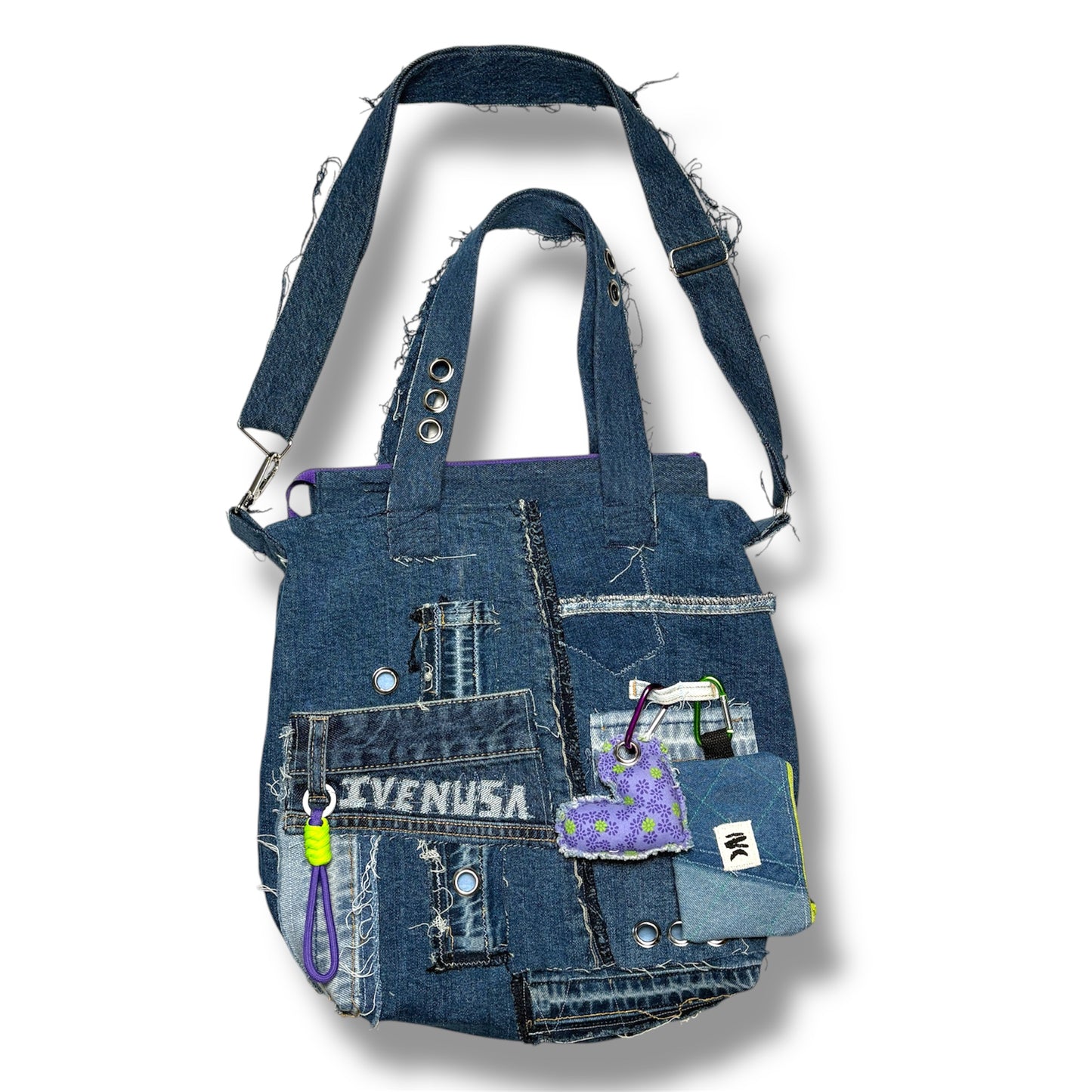 Upcycled denim tote bag with patchwork details and utility keychain by IVENUSA – sustainable urban fashion accessory.