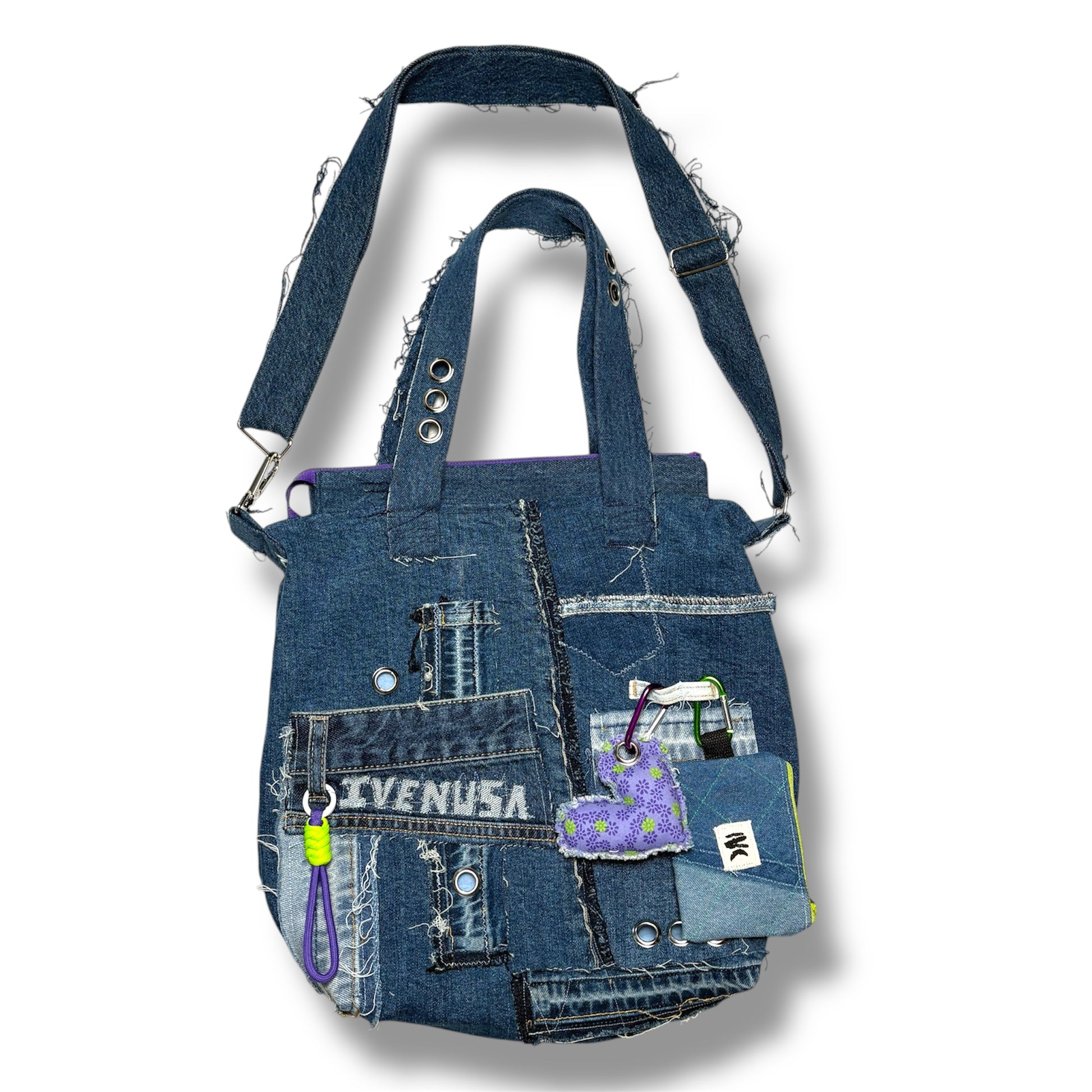 Upcycled denim tote bag with patchwork details and utility keychain by IVENUSA – sustainable urban fashion accessory.