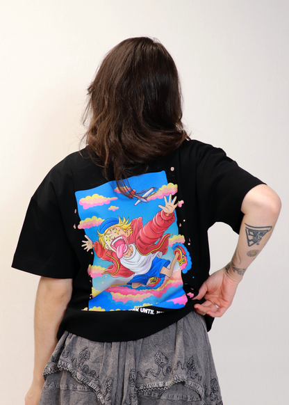 Back view of black DMR oversized t-shirt with colorful graphic print