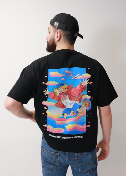 Black DMR oversized t-shirt back graphic shown on male model