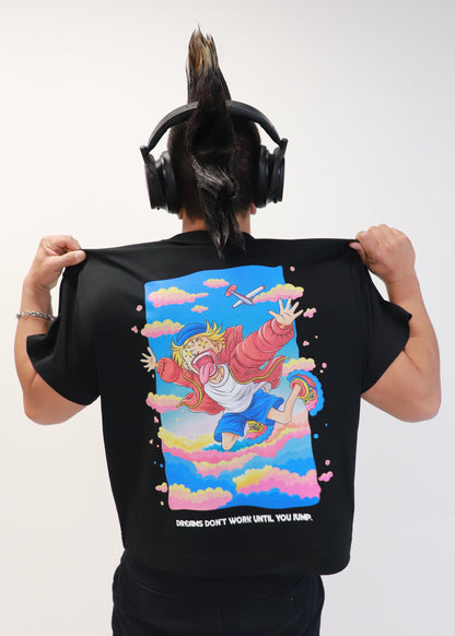 Back view of black DMR oversized t-shirt with colorful graphic design