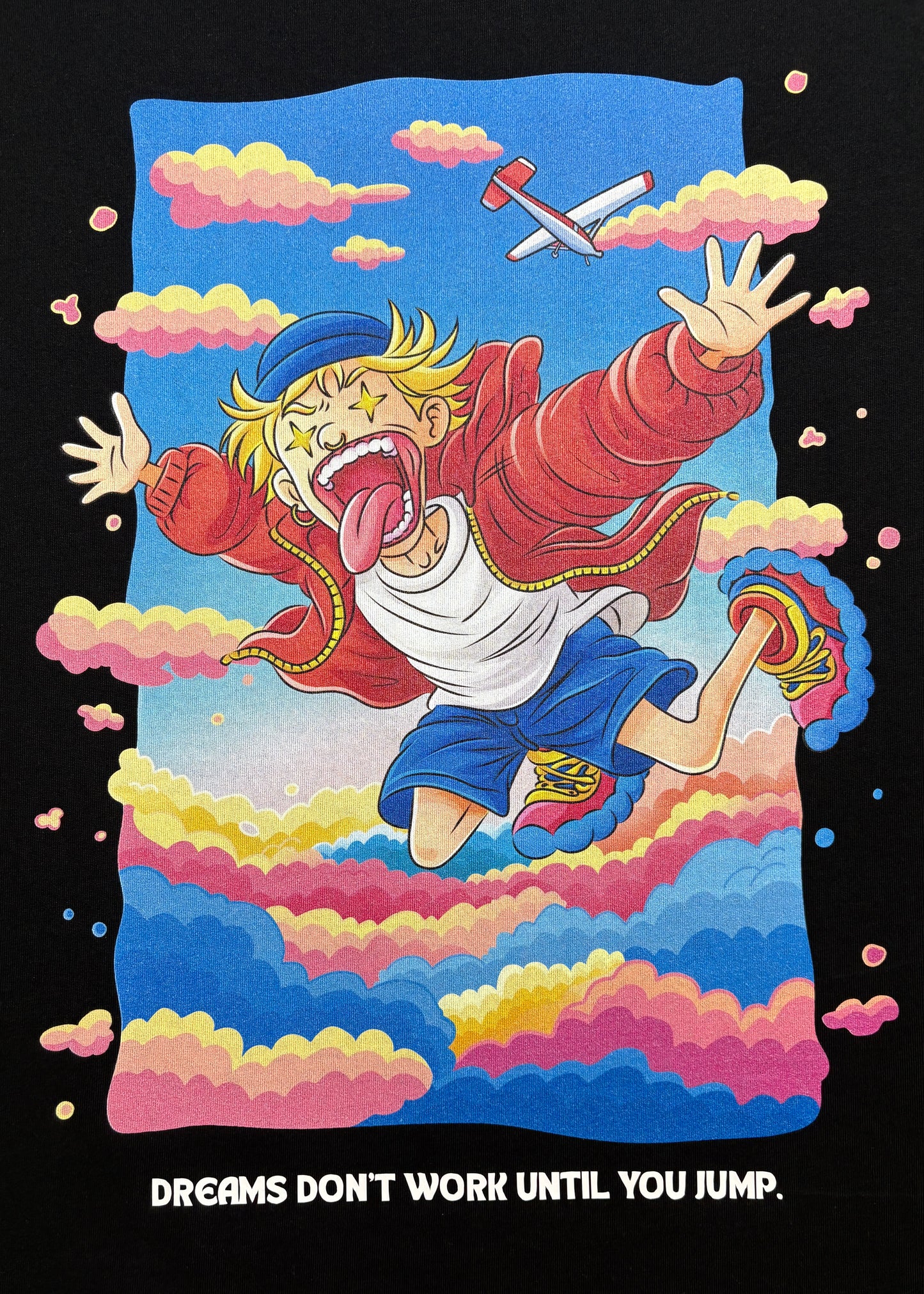 Colorful DMR graphic artwork design used on back of black shirt