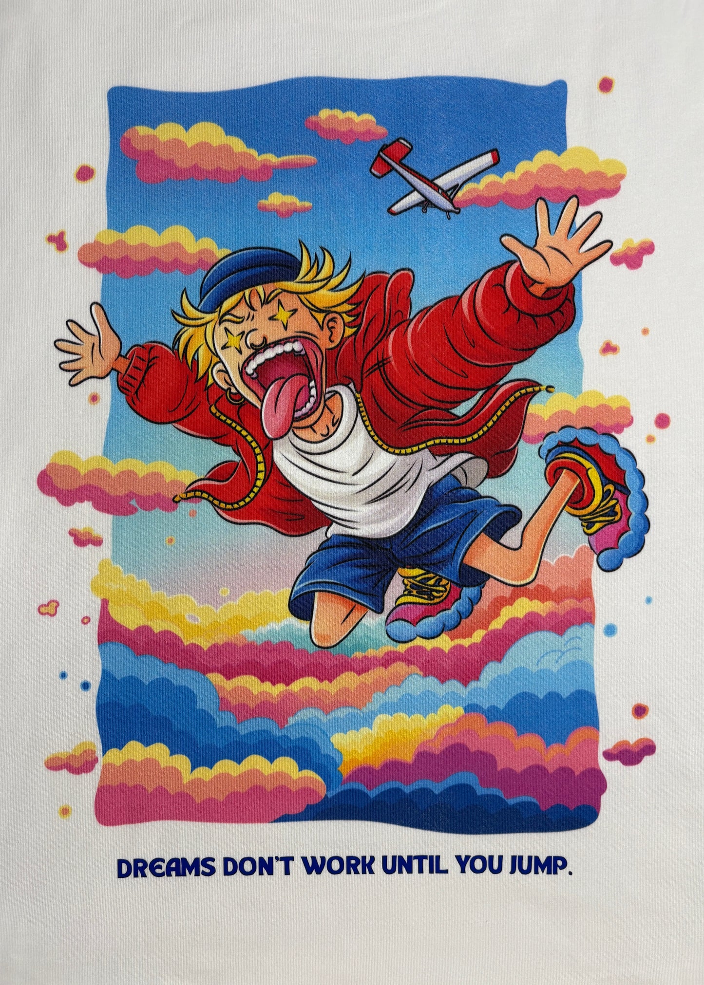 Detailed DMR back print illustration with vibrant colors on white shirt