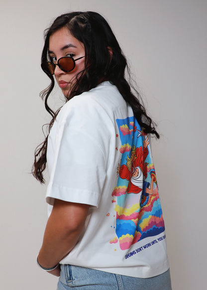 Side angle of white DMR oversized t-shirt showing back graphic