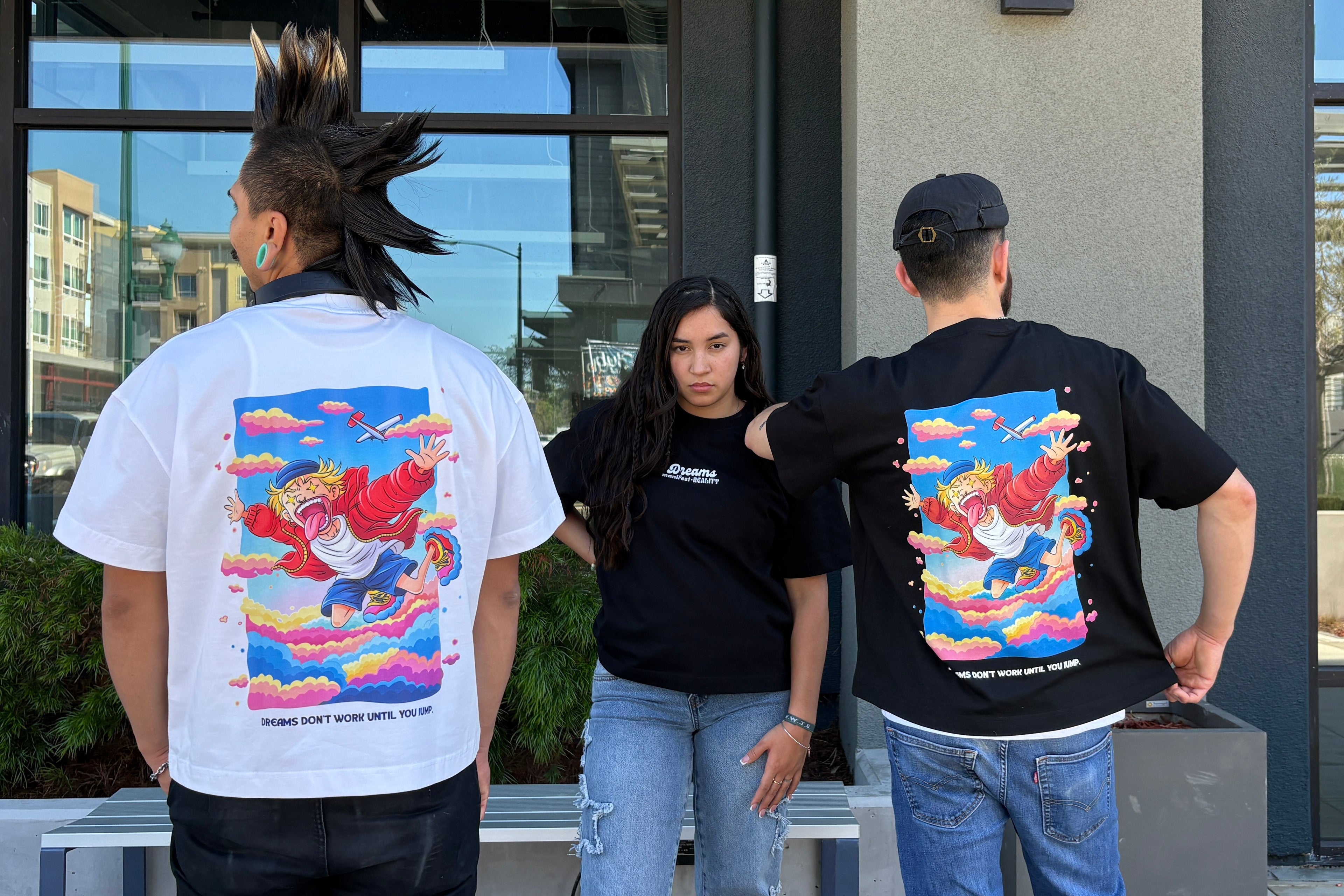 Streetwear models showcasing DMR oversized t-shirts with vibrant back graphic by Ivenusa Design